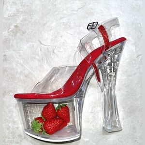 WHYTWOKAY SEXY FRAISE TALONS RED SUEDE STRAWBERRY PLATFORM CLEAR HEELS SIZE 8